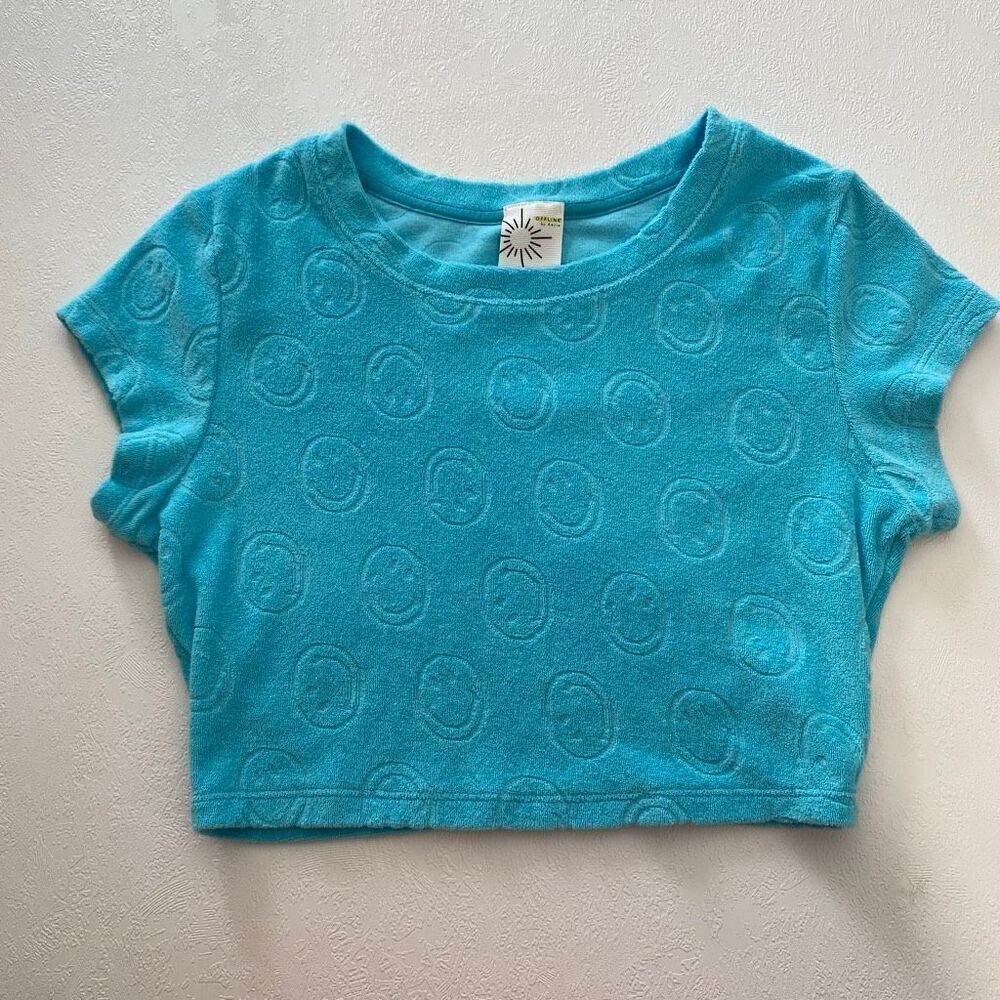 Offline by Aerie Blue Terry Crop Top | Smiley Embossed Short Sleeve Tee XS